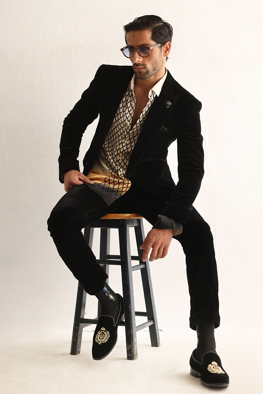 Black Velvet Tuxedo with Silk Printed Shirt (3-Piece) - Image 5