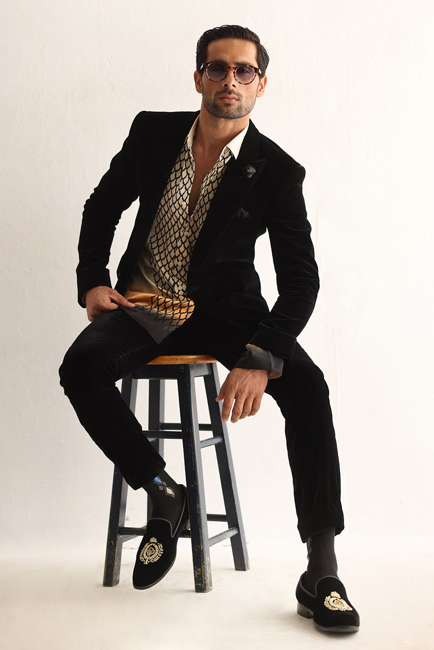 Black Velvet Tuxedo with Silk Printed Shirt (3-Piece) - Image 6