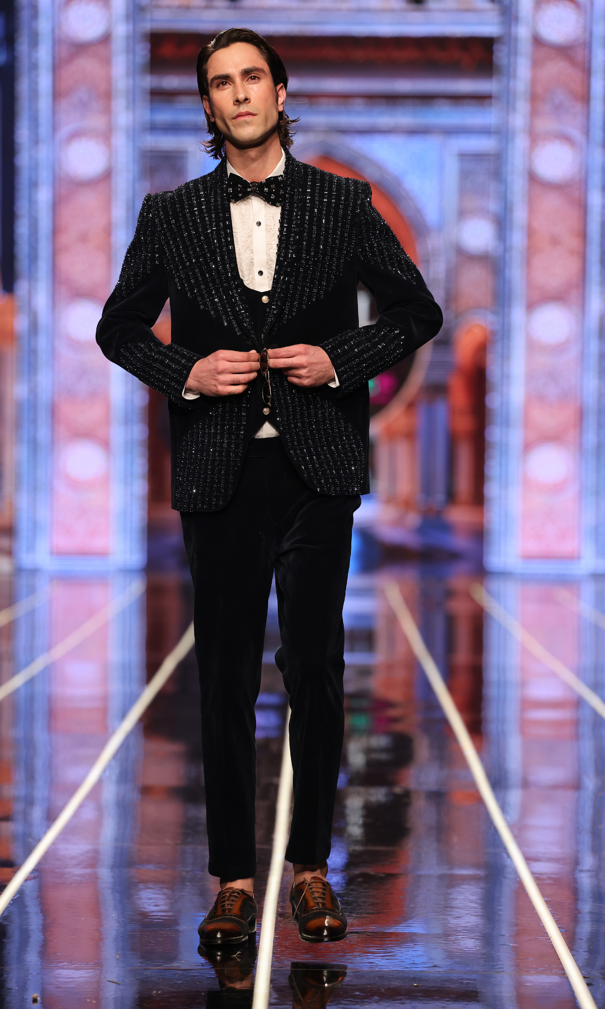 Black Zardozi Velvet Tuxedo Suit (2-Piece) - Image 1