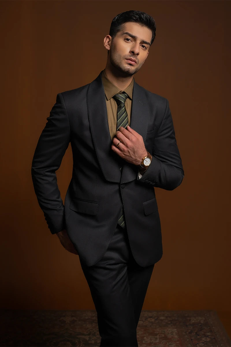 Black Hand-Stitched Wool Blend Tuxedo (2-Piece) - Image 2