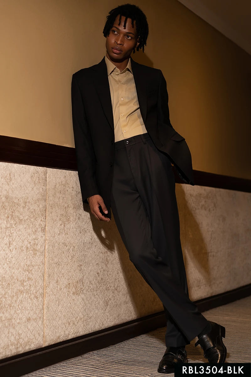 Jet Black Wool Blend Peak Lapel Blazer (2-Piece) - Image 1