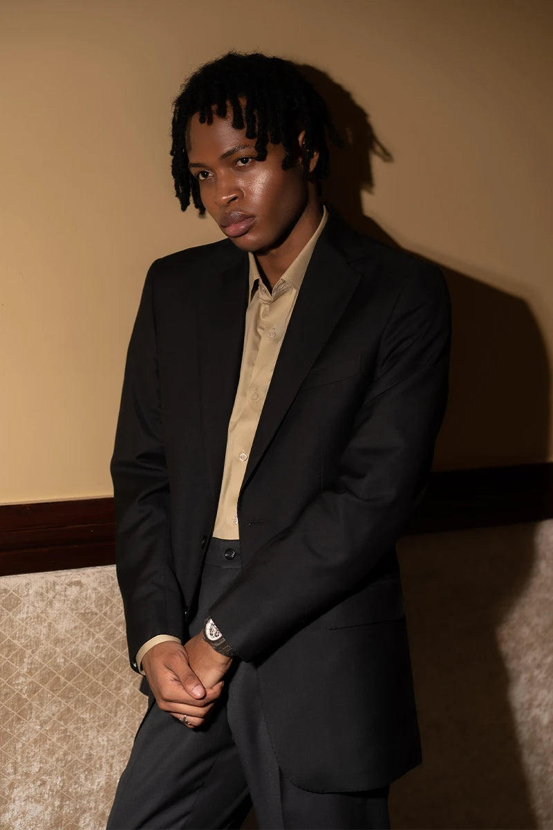 Jet Black Wool Blend Peak Lapel Blazer (2-Piece) - Image 2