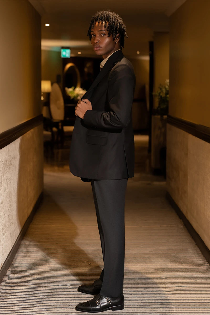 Jet Black Wool Blend Peak Lapel Blazer (2-Piece) - Image 3