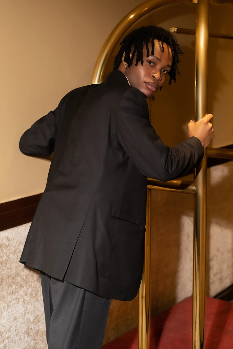 Jet Black Wool Blend Peak Lapel Blazer (2-Piece) - Image 4