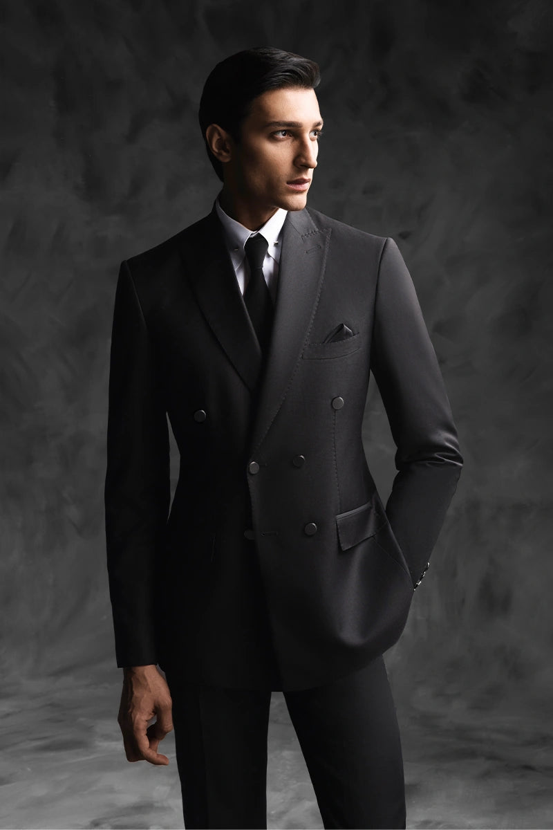 Black Double-Breasted Wool Blend Tuxedo (2-Piece) - Image 4