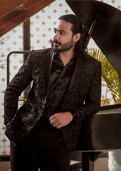 Black Embroidered Wool Tuxedo Suit (2-Piece) - Image 3