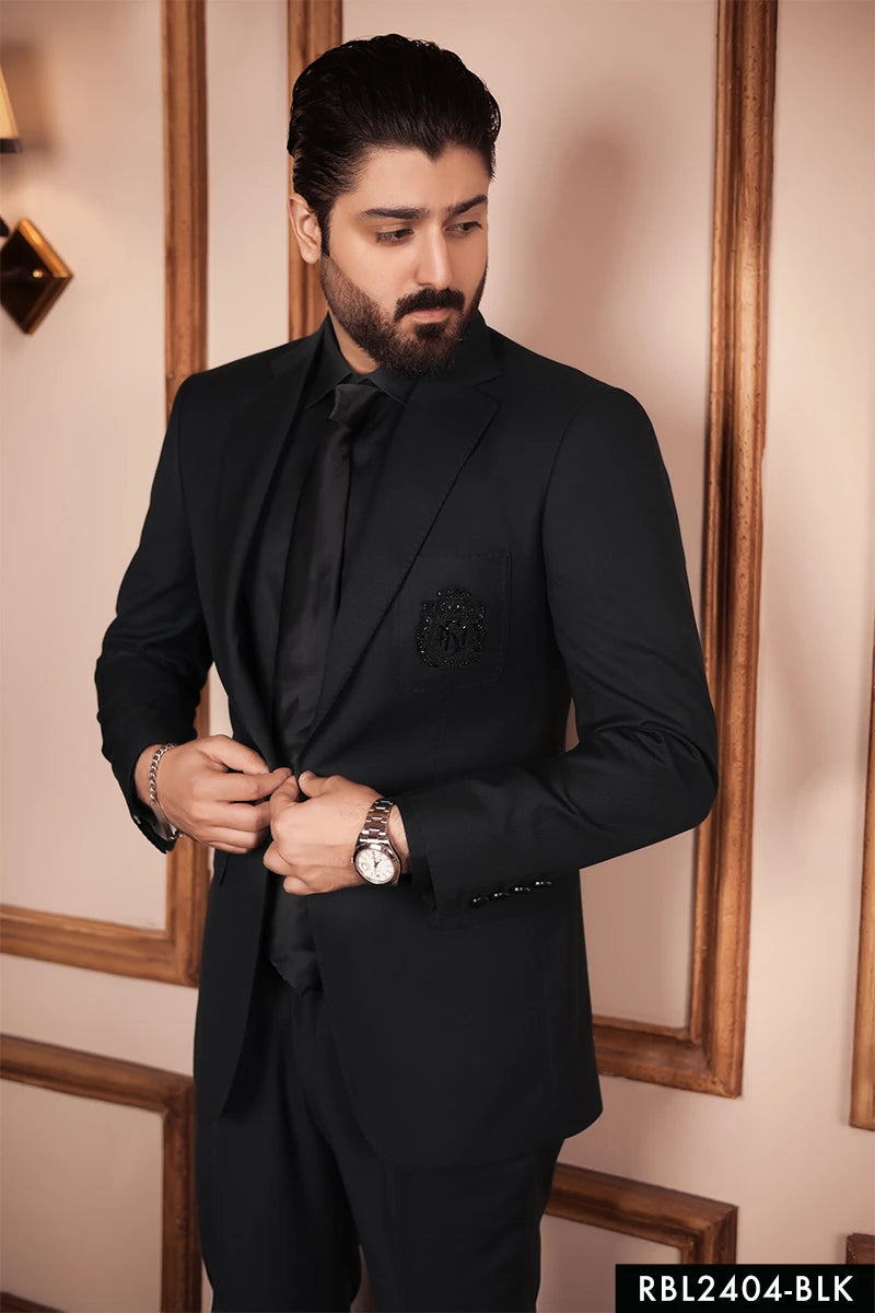 Black Hand-Embellished Wool Tuxedo Blazer (2-Piece) - Image 1