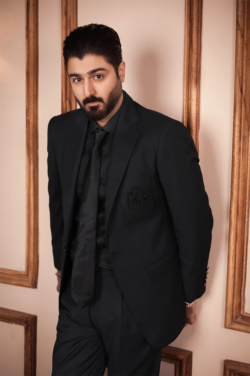 Black Hand-Embellished Wool Tuxedo Blazer (2-Piece) - Image 2