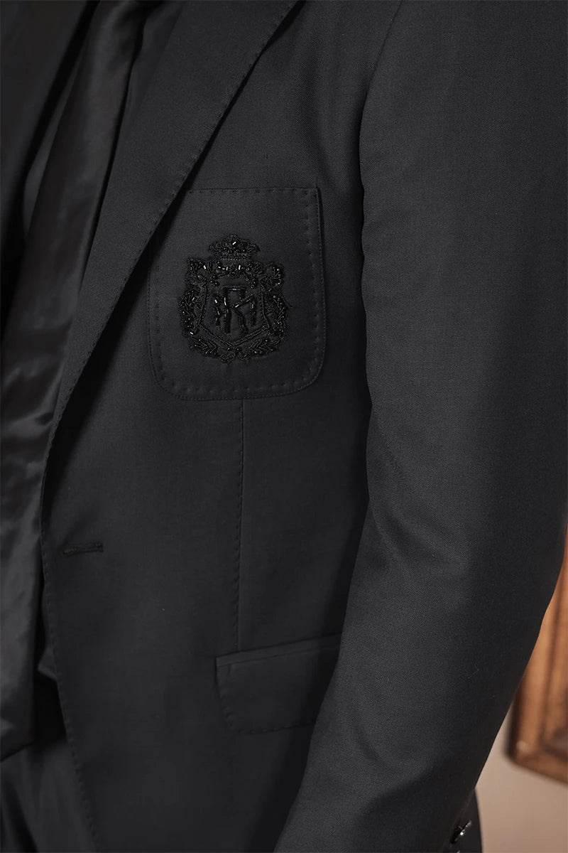 Black Hand-Embellished Wool Tuxedo Blazer (2-Piece) - Image 4