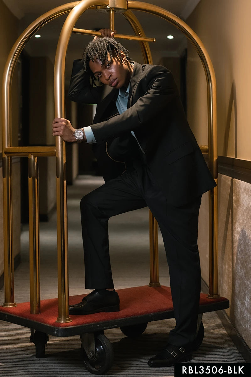 Black Peak Lapel Wool Blazer (2-Piece) - Image 1