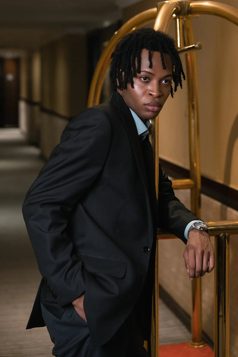 Black Peak Lapel Wool Blazer (2-Piece) - Image 2