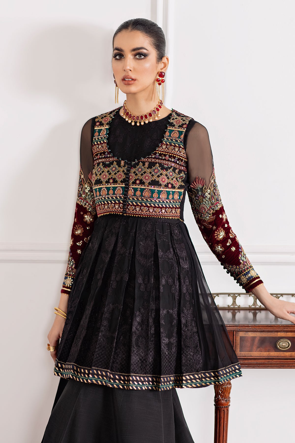 Black Embroidered Chiffon & Velvet Peplum (3-Piece) - Image 10