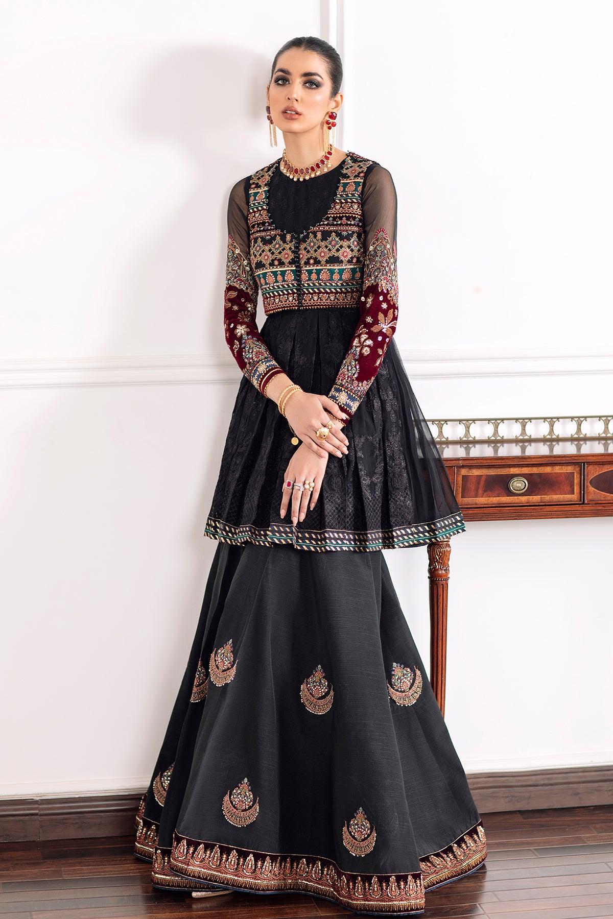 Black Embroidered Chiffon & Velvet Peplum (3-Piece) - Image 11