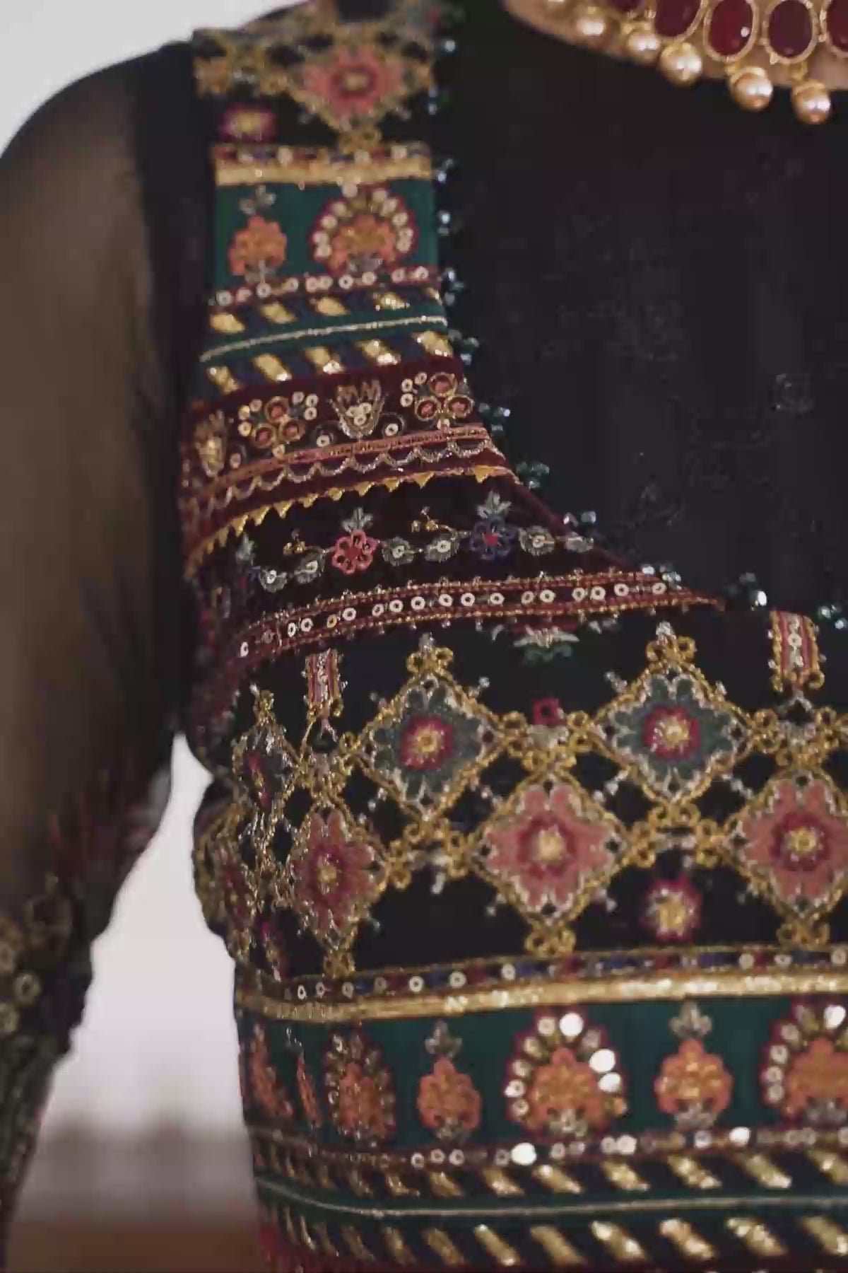 Black Embroidered Chiffon & Velvet Peplum (3-Piece) - Image 7