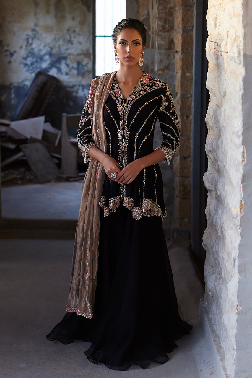 Black Zardozi Organza Peplum Dress (3-Piece) - Image 1