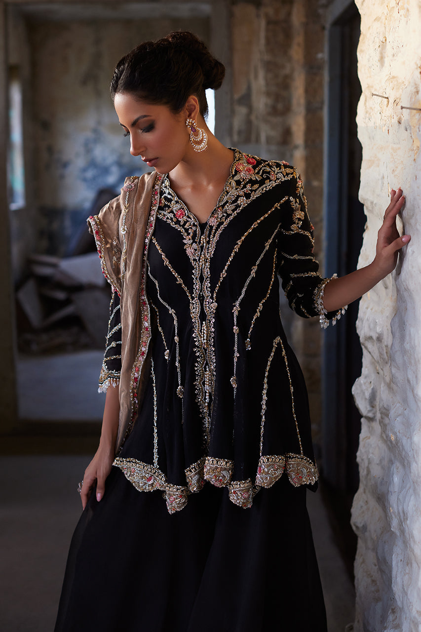 Black Zardozi Organza Peplum Dress (3-Piece) - Image 2