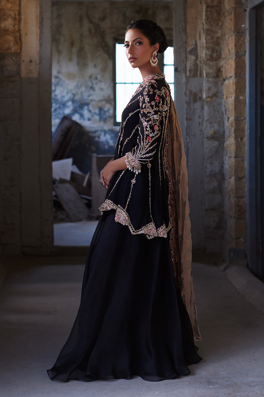 Black Zardozi Organza Peplum Dress (3-Piece) - Image 3