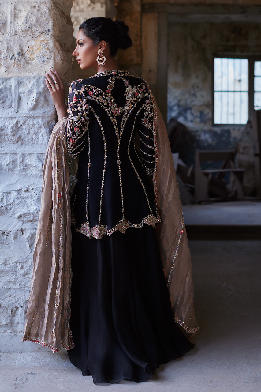 Black Zardozi Organza Peplum Dress (3-Piece) - Image 4