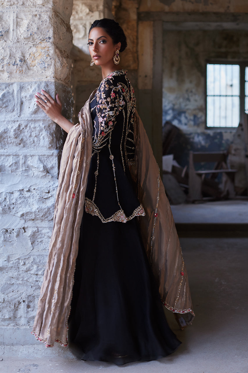 Black Zardozi Organza Peplum Dress (3-Piece) - Image 5