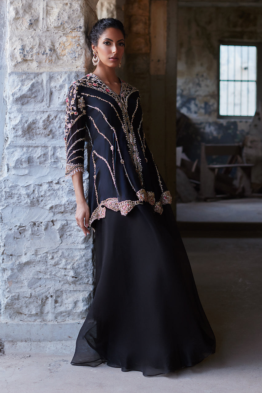 Black Zardozi Organza Peplum Dress (3-Piece) - Image 6