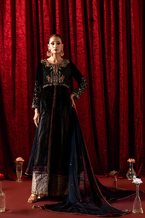 Black Embroidered Velvet Peshwas Dress (3-Piece) - Image 1