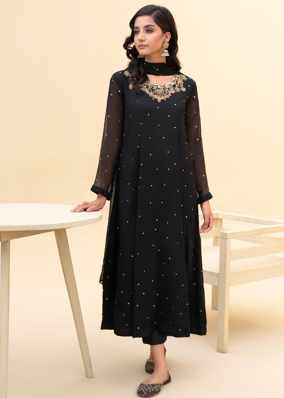 Black Embroidered Chiffon Pishwas Dress (3-Piece) - Image 1