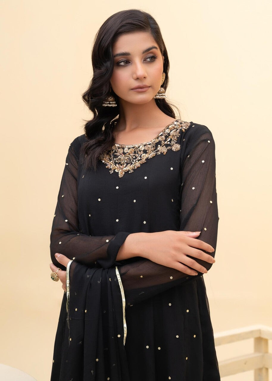 Black Embroidered Chiffon Pishwas Dress (3-Piece) - Image 2