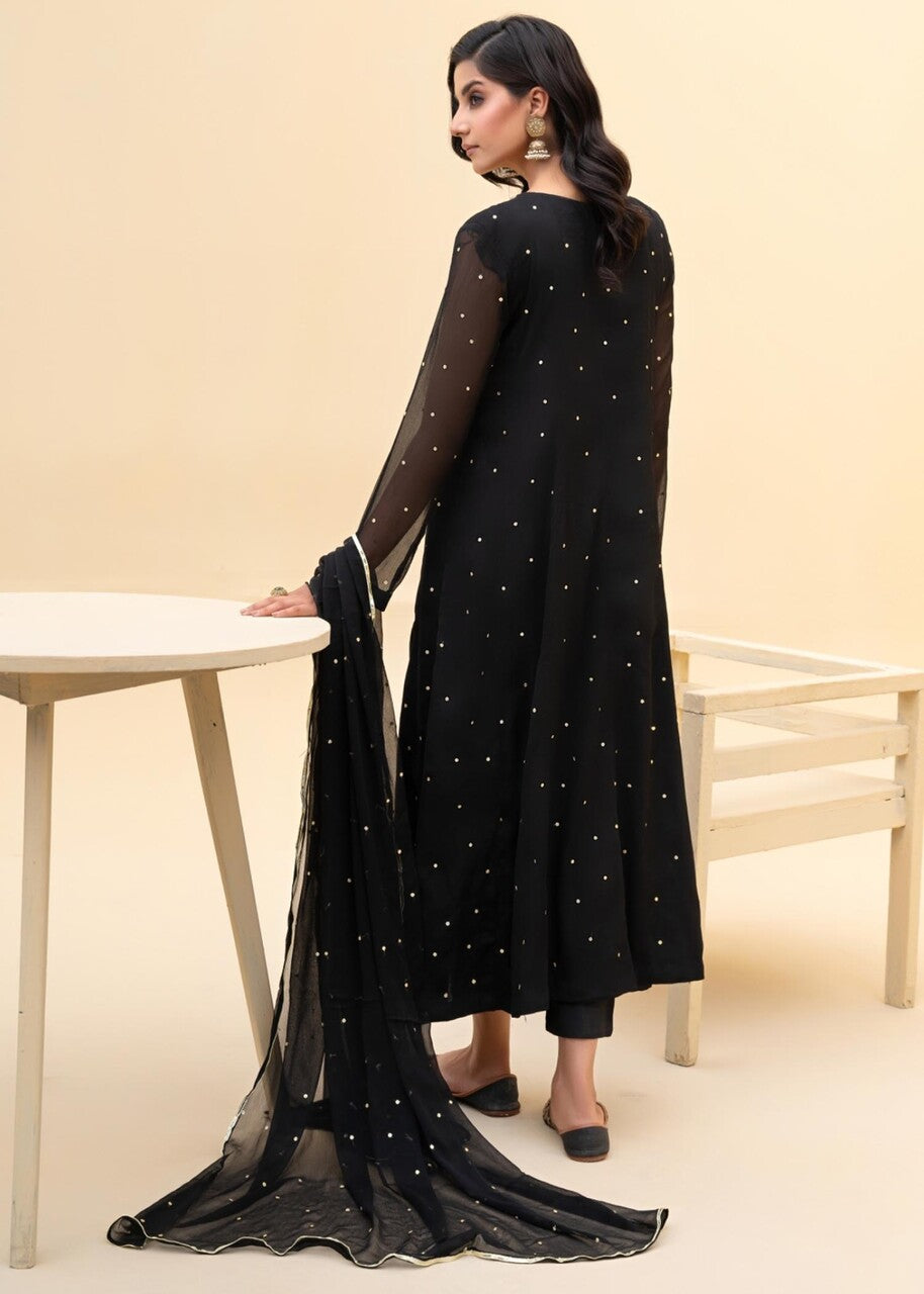 Black Embroidered Chiffon Pishwas Dress (3-Piece) - Image 3