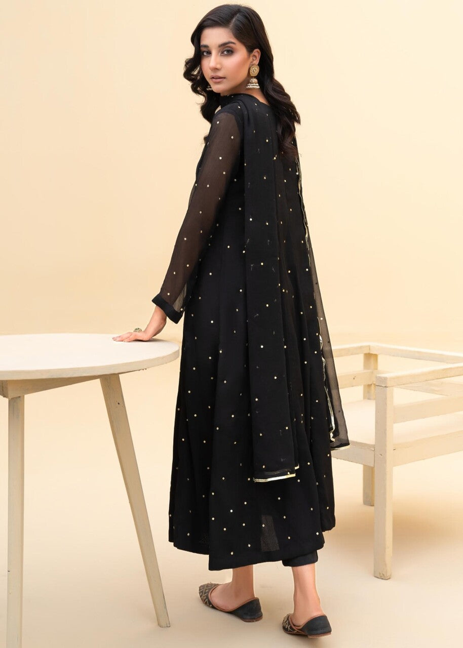 Black Embroidered Chiffon Pishwas Dress (3-Piece) - Image 4