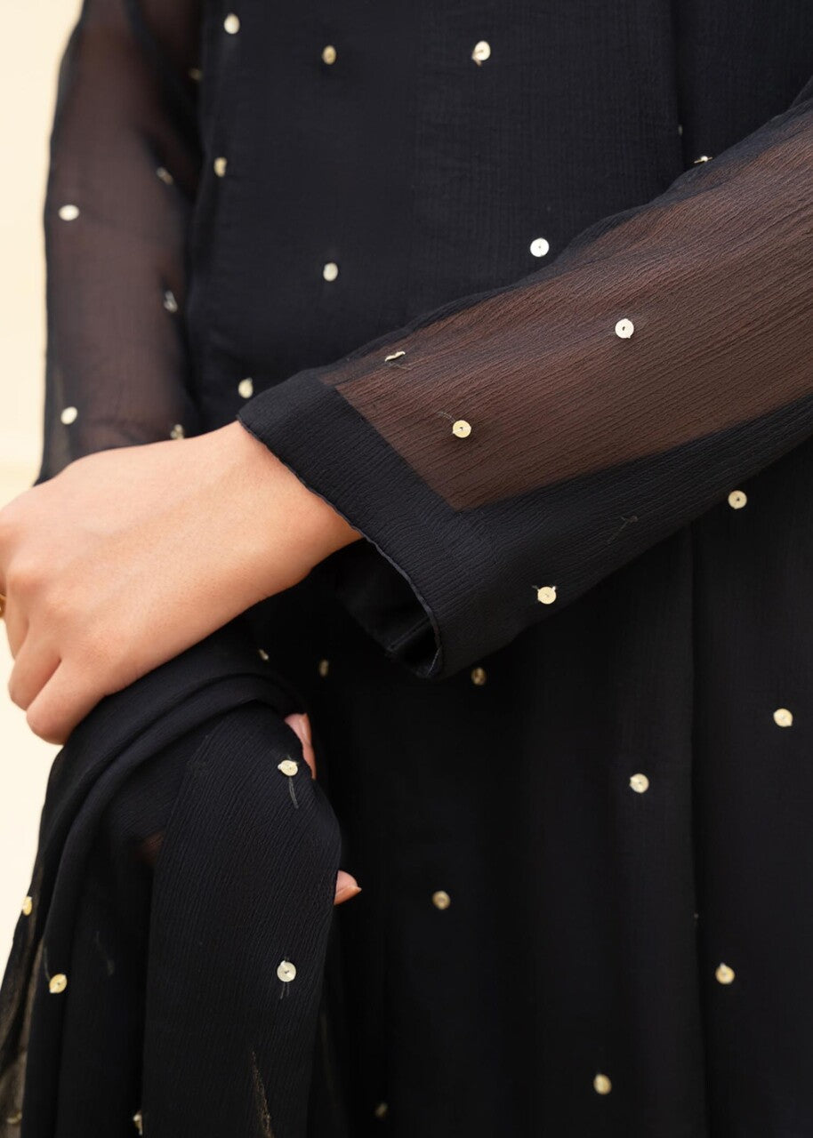 Black Embroidered Chiffon Pishwas Dress (3-Piece) - Image 5