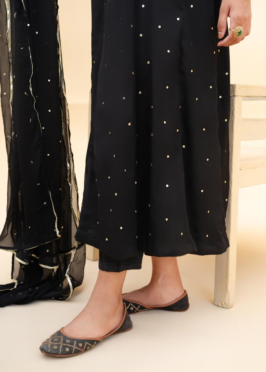 Black Embroidered Chiffon Pishwas Dress (3-Piece) - Image 6