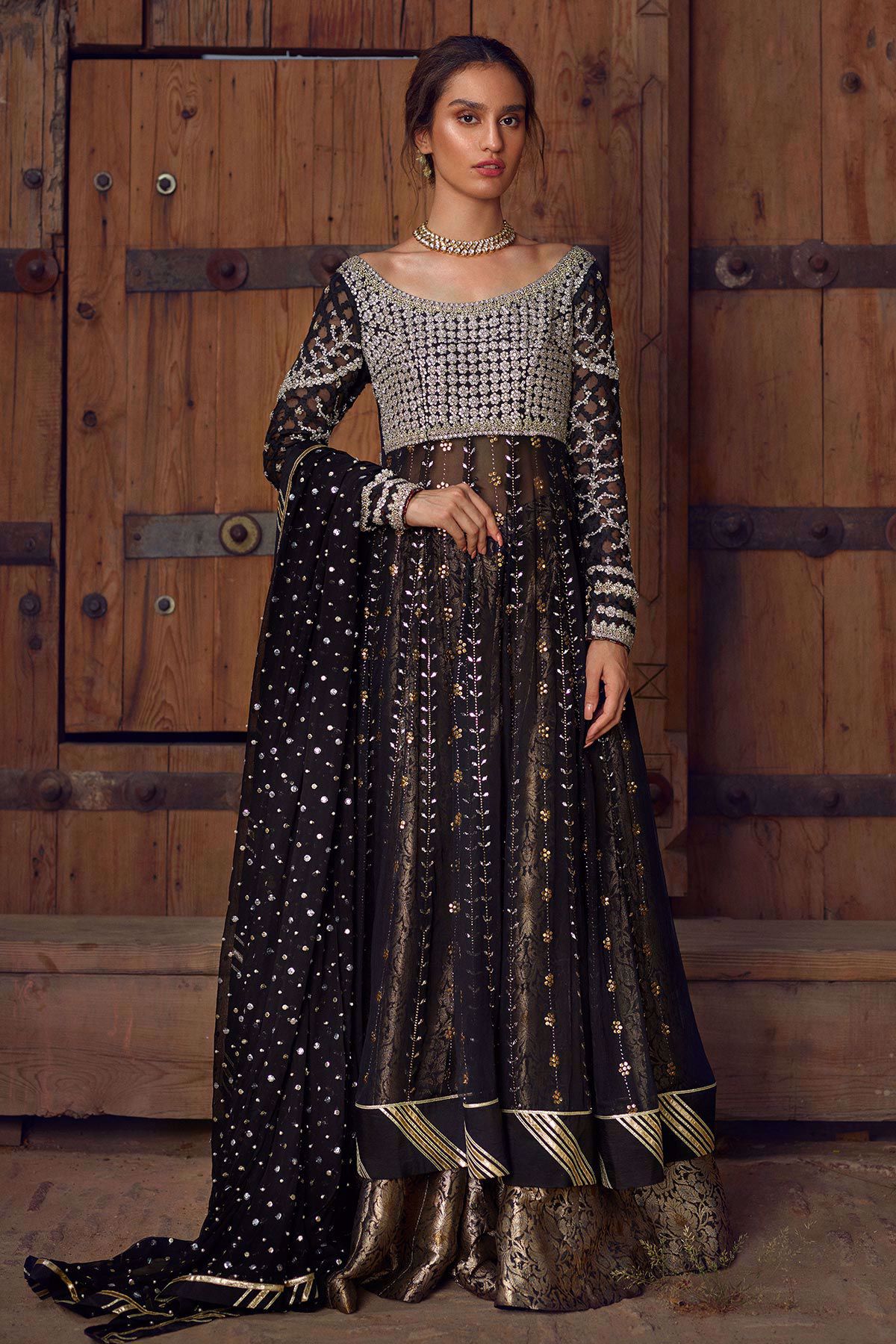 Pakistani Black Embellished Pure Chiffon Pishwas (3-Piece) - Image 1