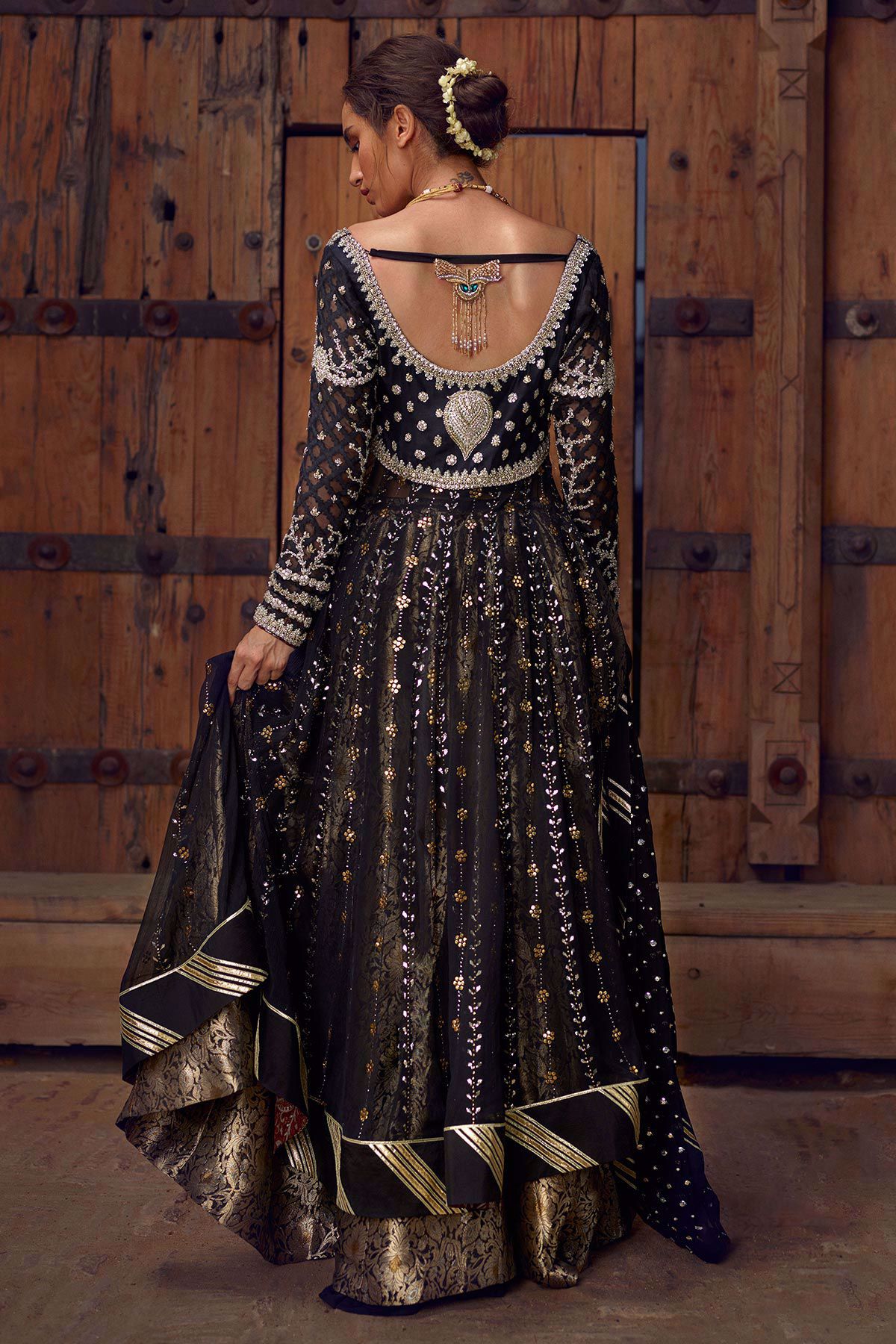 Pakistani Black Embellished Pure Chiffon Pishwas (3-Piece) - Image 5