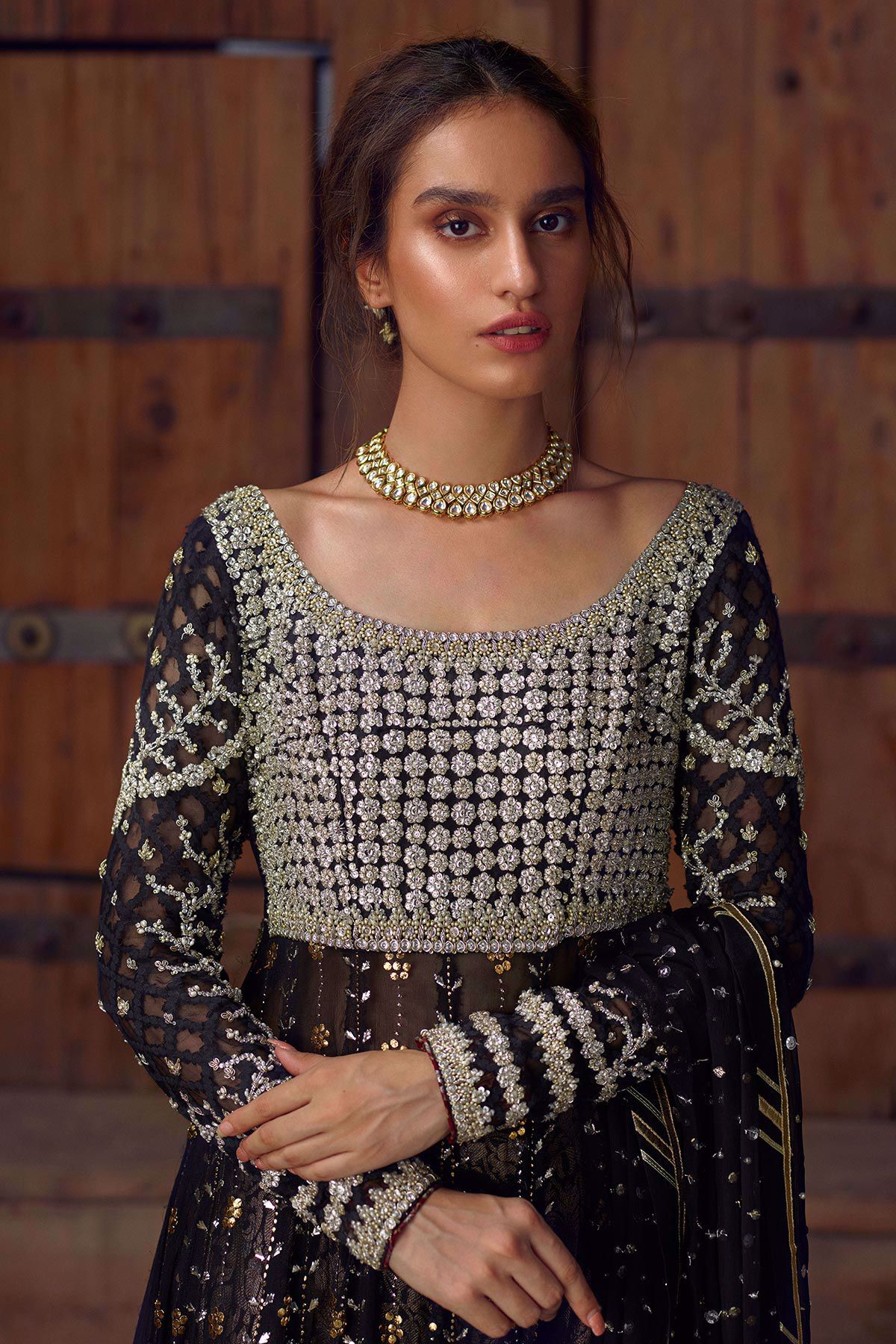 Pakistani Black Embellished Pure Chiffon Pishwas (3-Piece) - Image 6