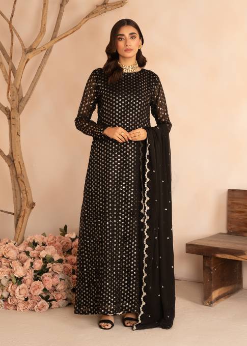 Pakistani Black Sequin Embroidered Chiffon Pishwas (3-Piece) - Image 1