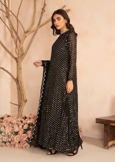 Pakistani Black Sequin Embroidered Chiffon Pishwas (3-Piece) - Image 2
