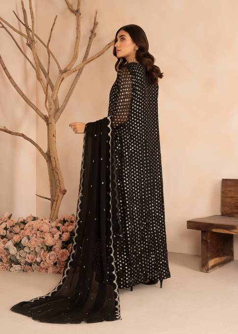 Pakistani Black Sequin Embroidered Chiffon Pishwas (3-Piece) - Image 3