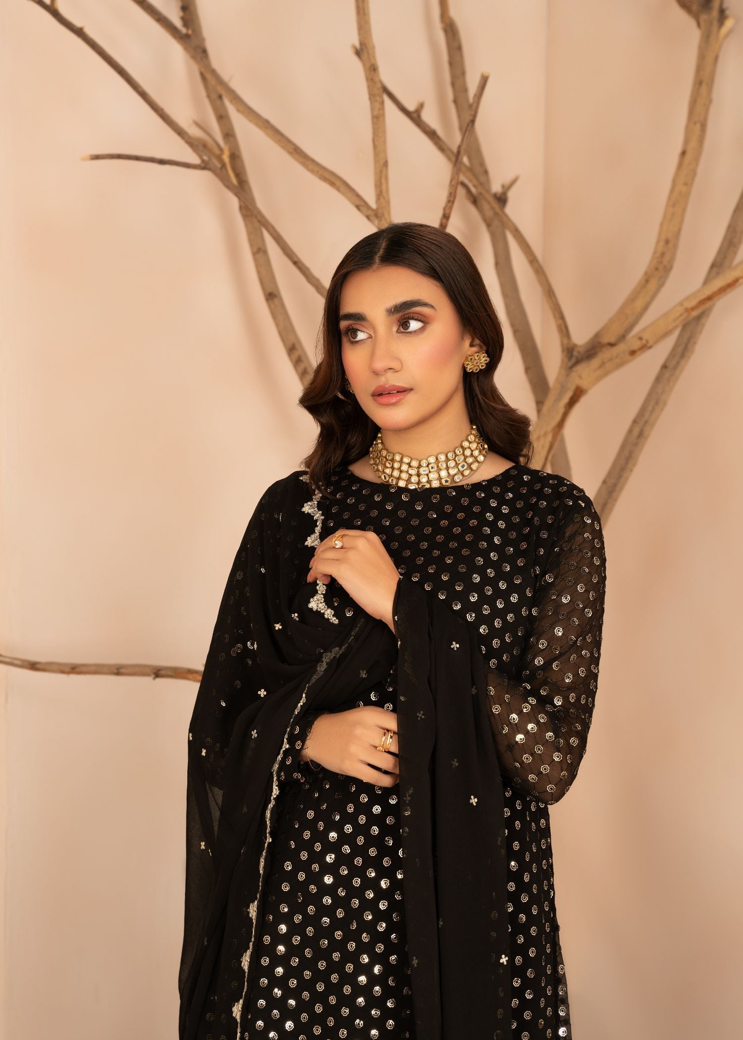 Pakistani Black Sequin Embroidered Chiffon Pishwas (3-Piece) - Image 5