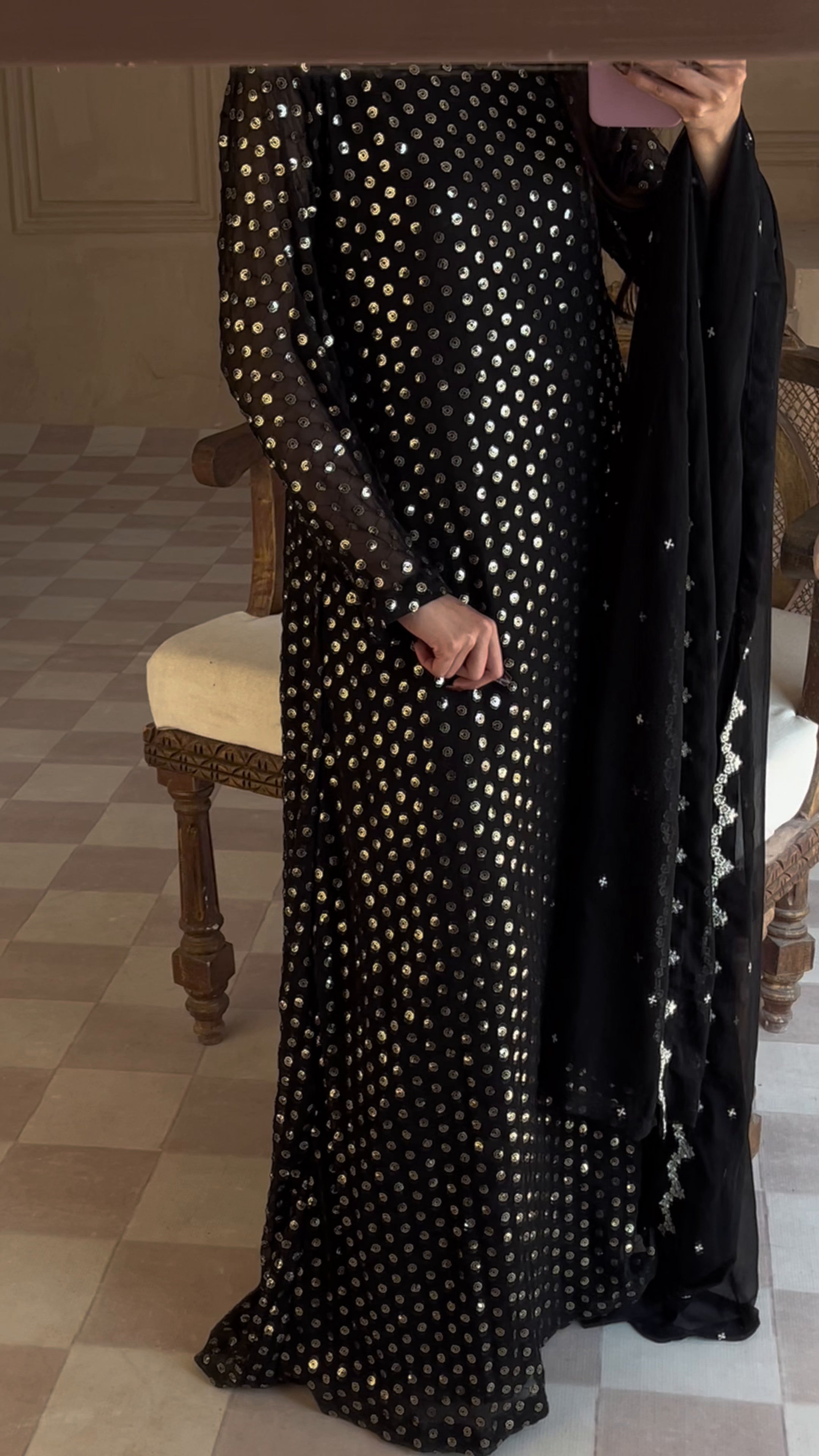 Pakistani Black Sequin Embroidered Chiffon Pishwas (3-Piece) - Image 6