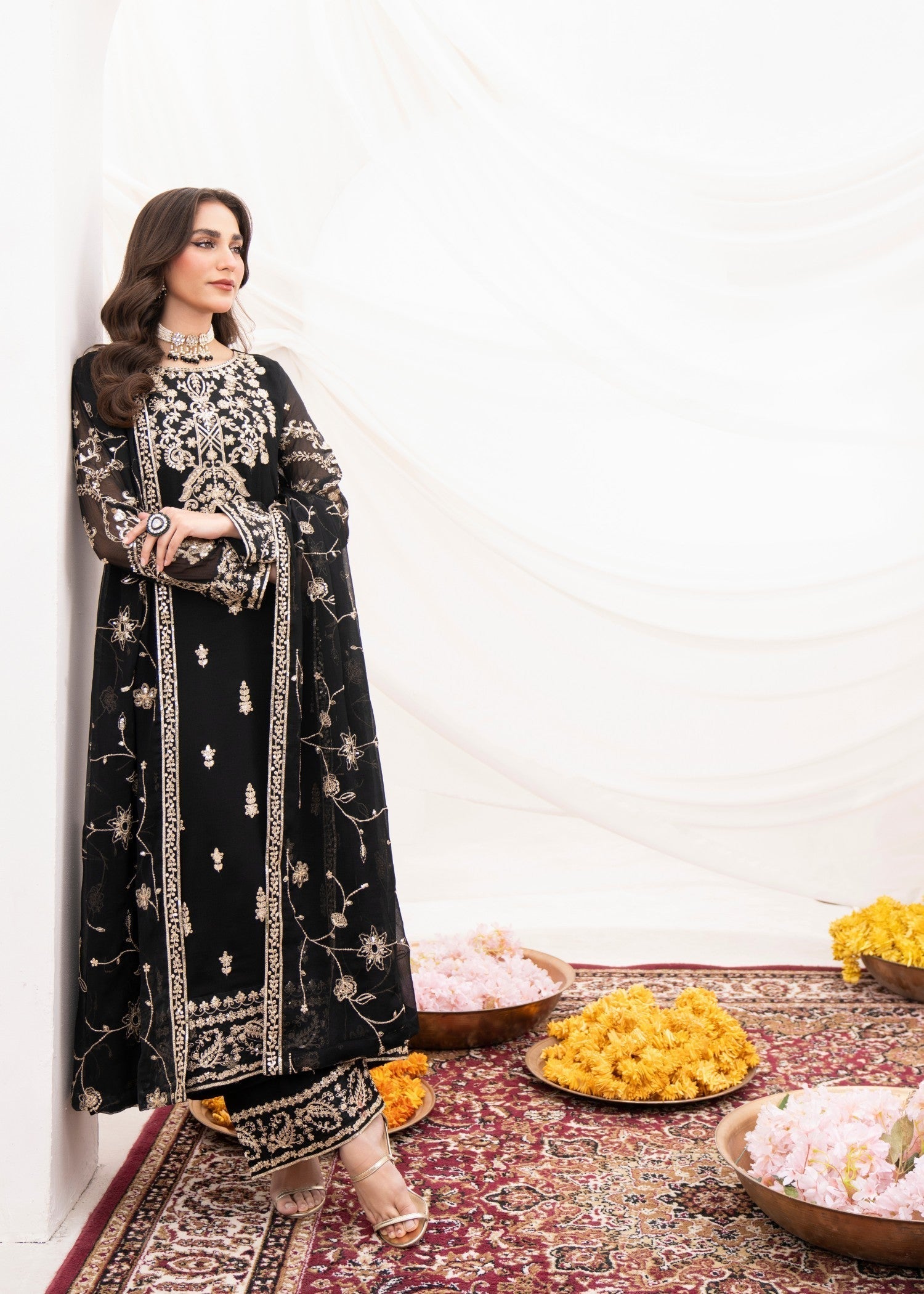Pakistani Black Embroidered Chiffon Pishwas Dress (3-Piece) - Image 2