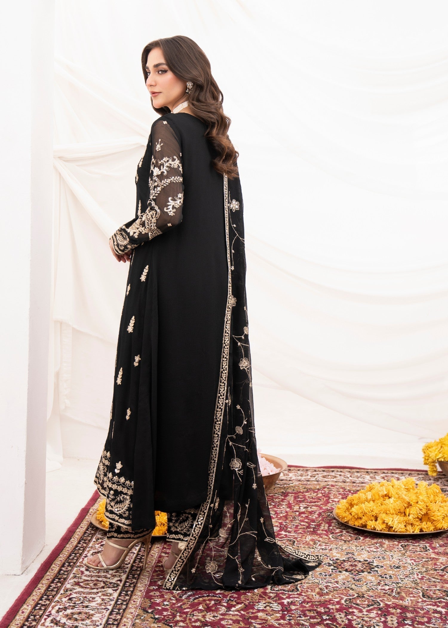 Pakistani Black Embroidered Chiffon Pishwas Dress (3-Piece) - Image 3