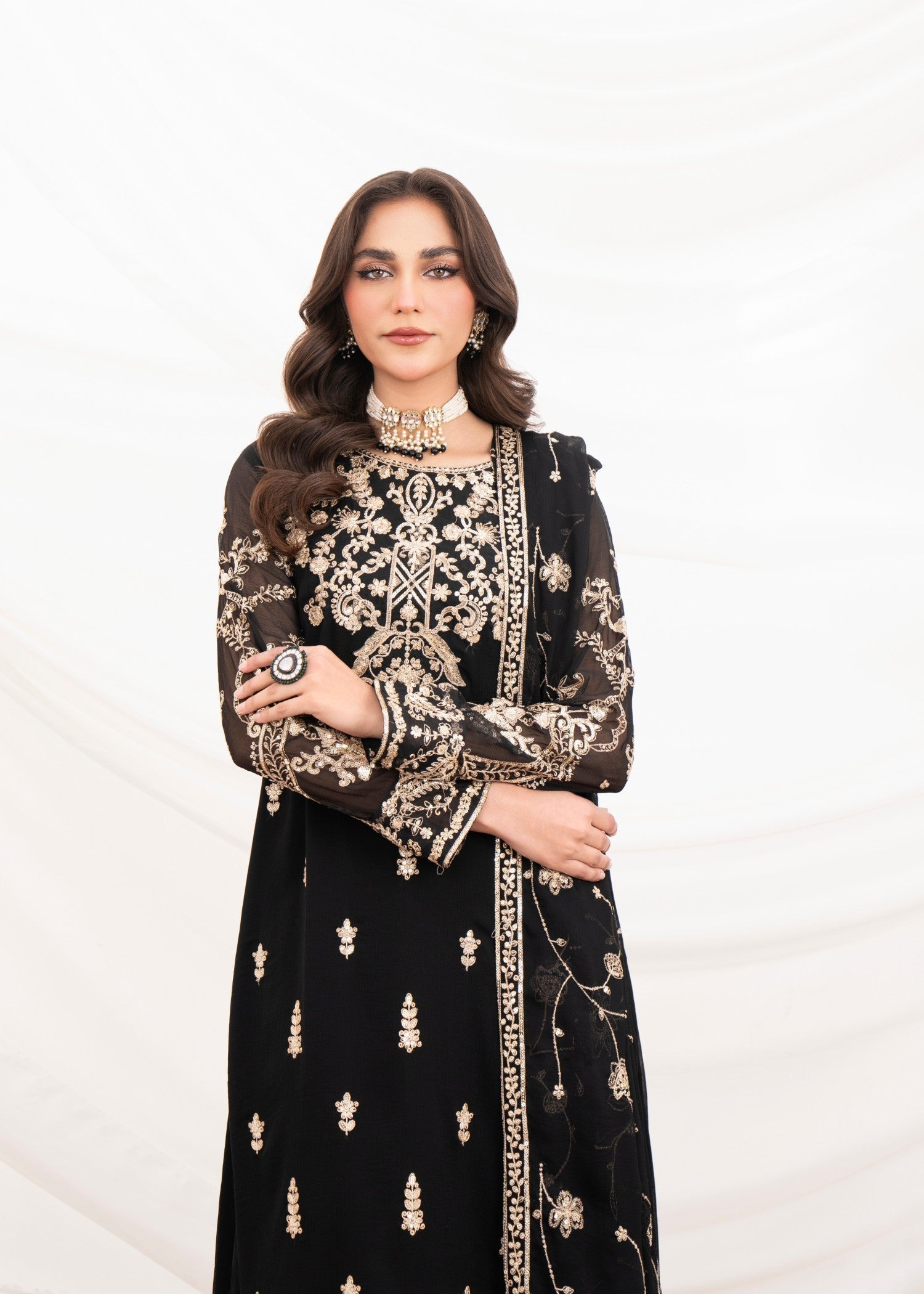 Pakistani Black Embroidered Chiffon Pishwas Dress (3-Piece) - Image 4