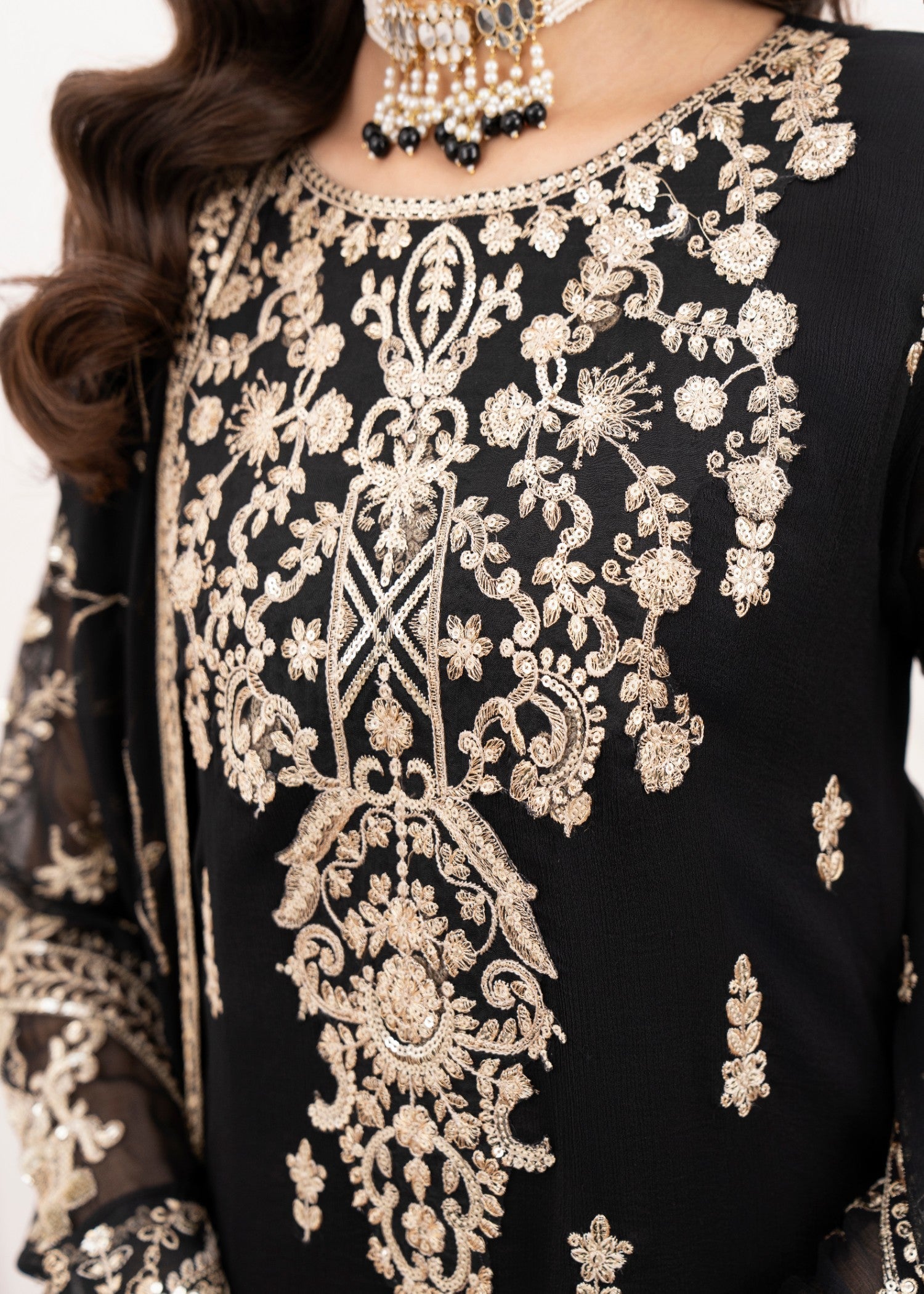 Pakistani Black Embroidered Chiffon Pishwas Dress (3-Piece) - Image 6