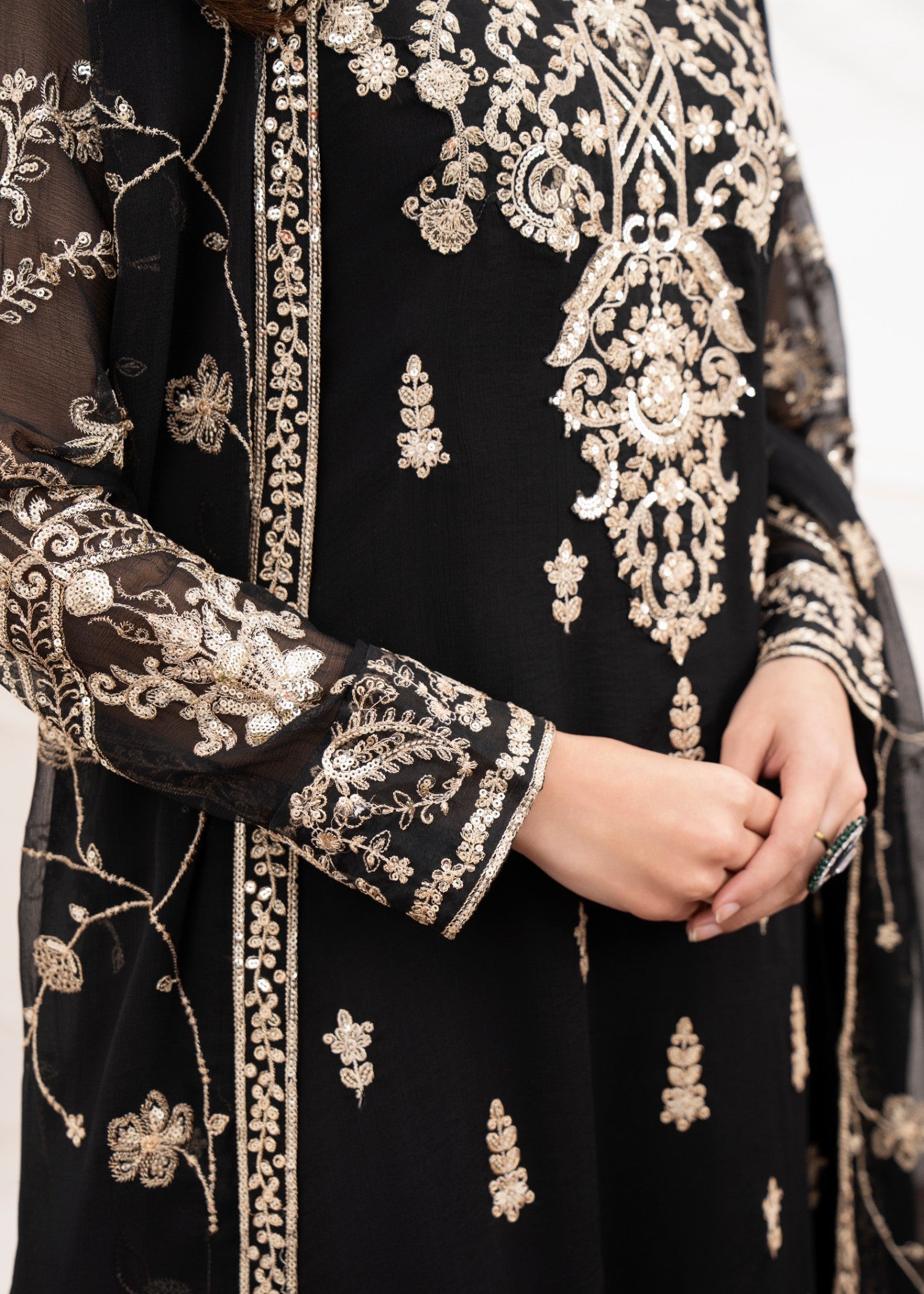 Pakistani Black Embroidered Chiffon Pishwas Dress (3-Piece) - Image 7