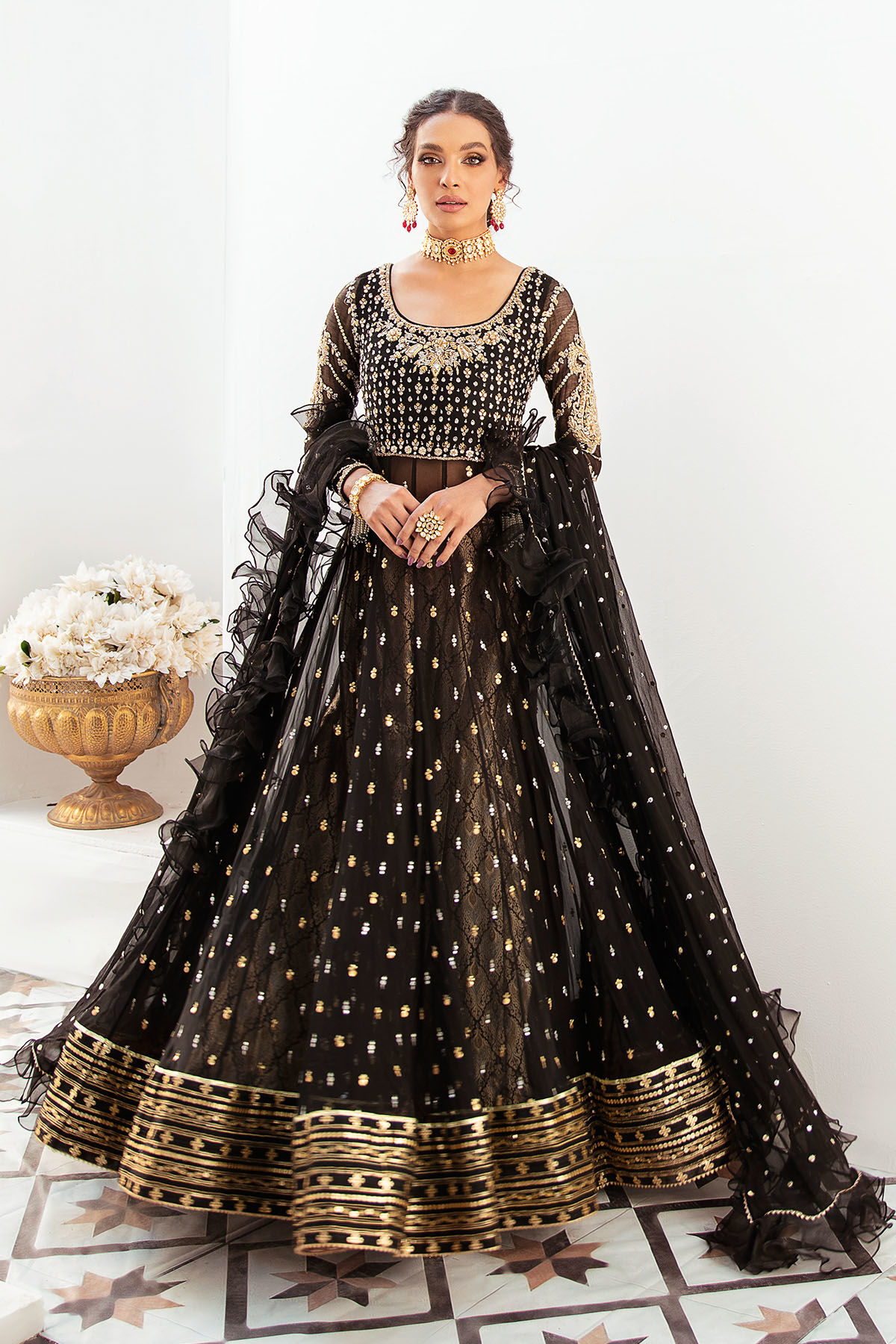 Pakistani Black Embellished Pure Chiffon Pishwas (3-Piece) - Image 1