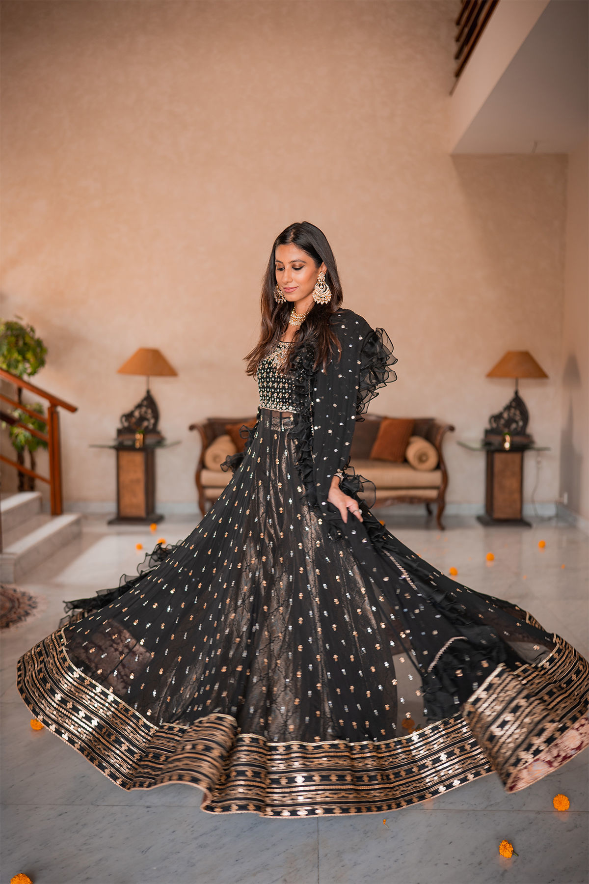 Pakistani Black Embellished Pure Chiffon Pishwas (3-Piece) - Image 11