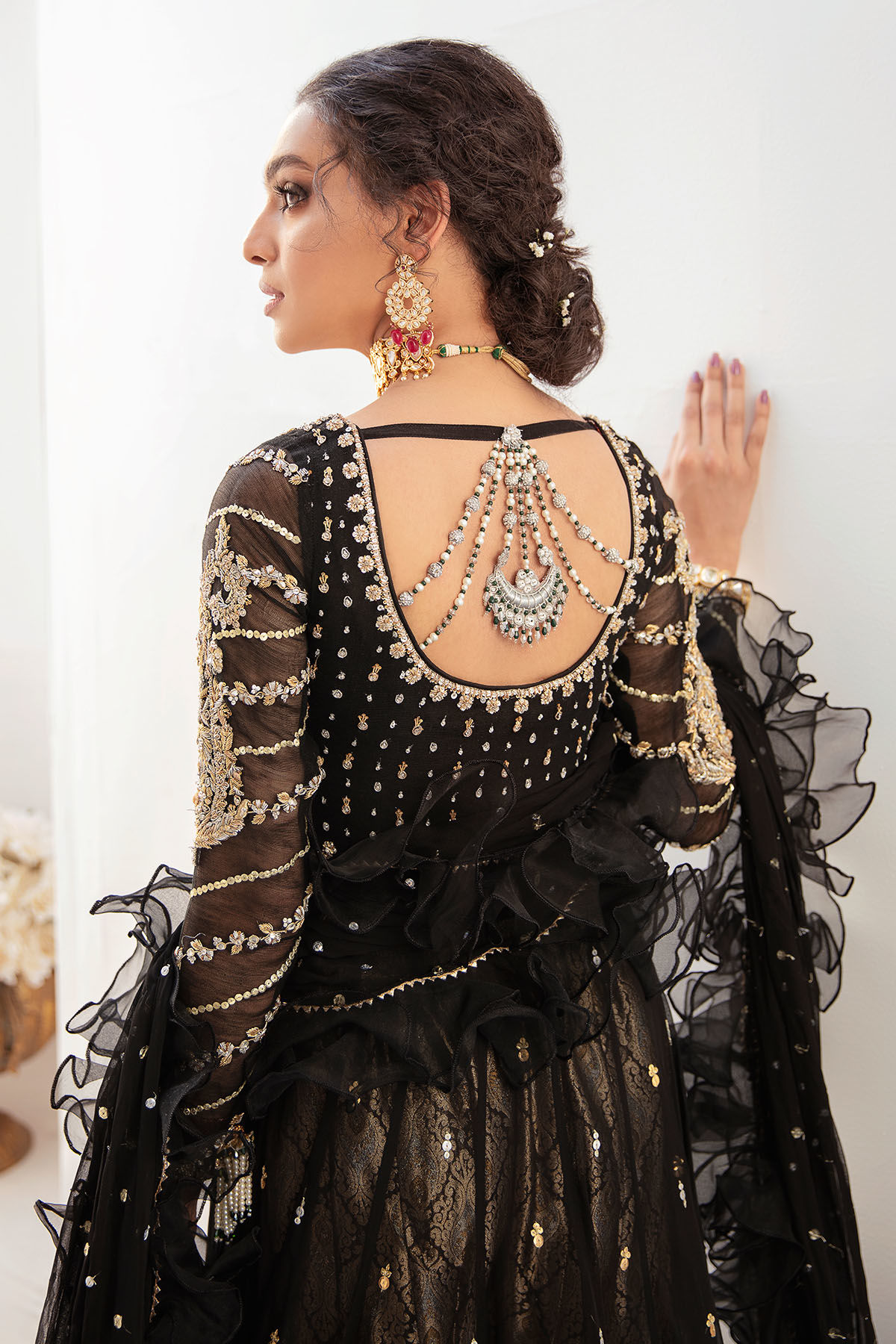 Pakistani Black Embellished Pure Chiffon Pishwas (3-Piece) - Image 3