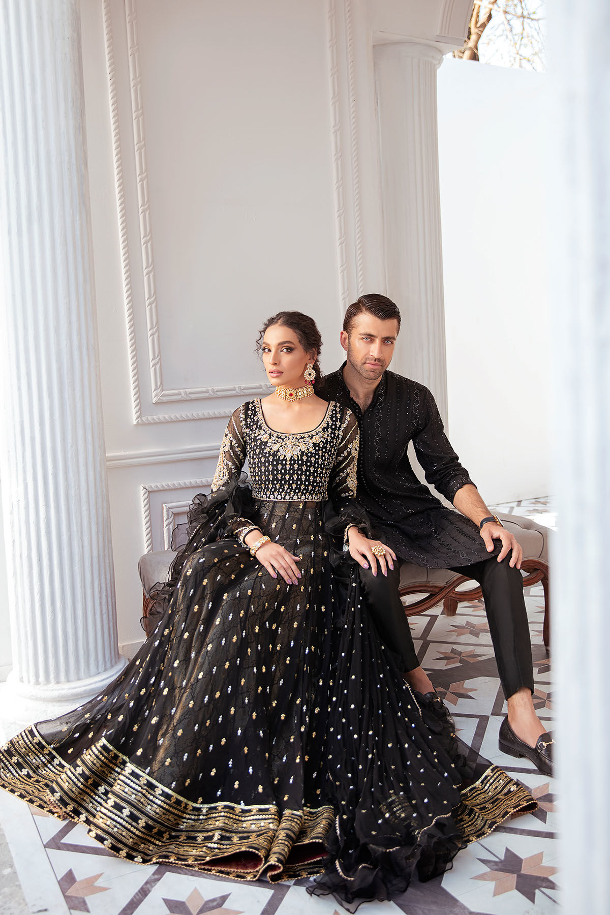 Pakistani Black Embellished Pure Chiffon Pishwas (3-Piece) - Image 4