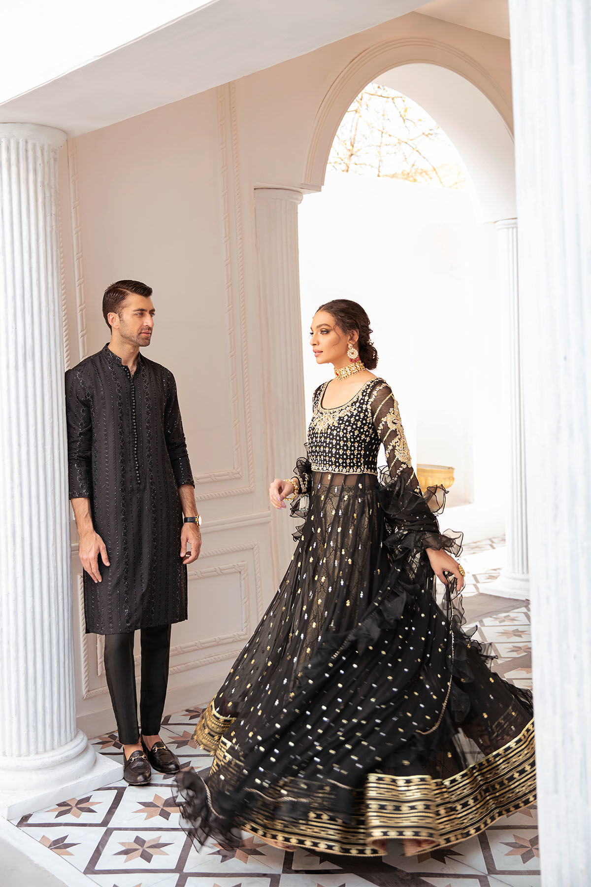 Pakistani Black Embellished Pure Chiffon Pishwas (3-Piece) - Image 5