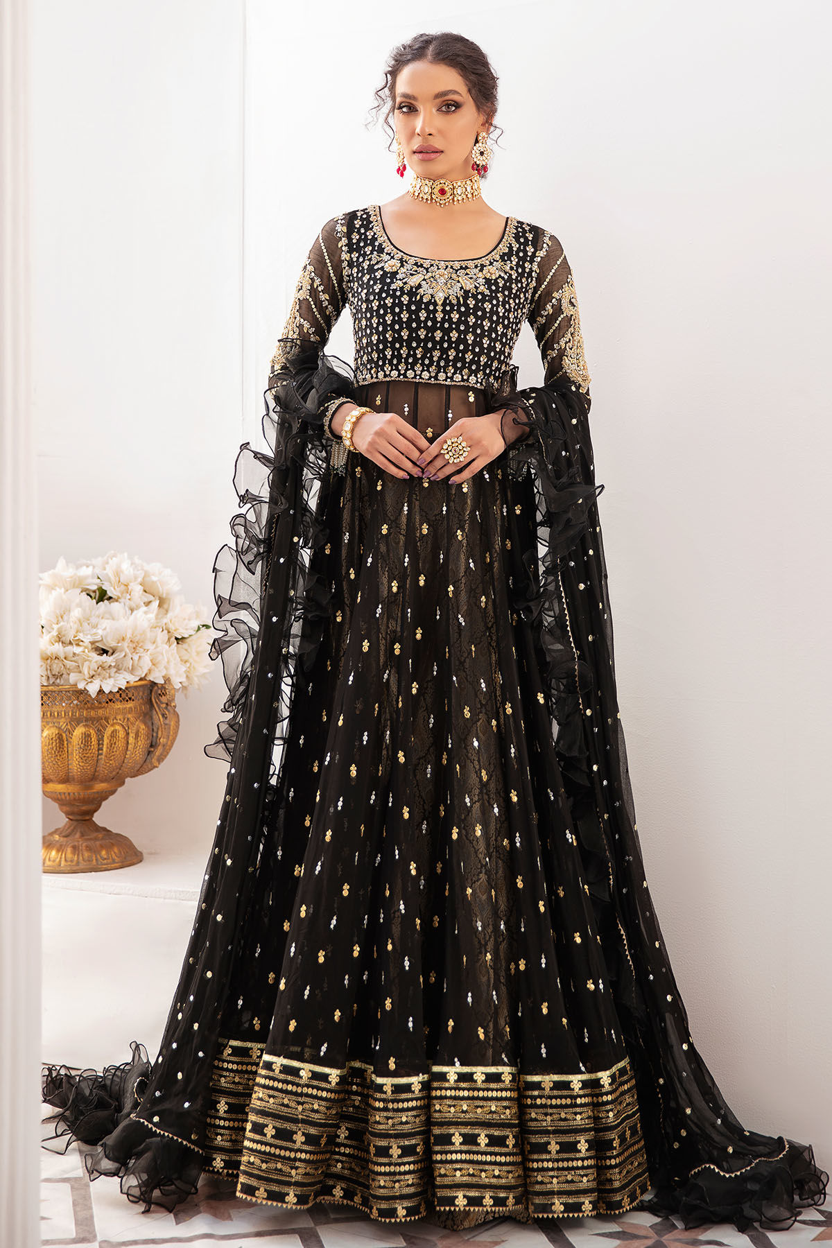 Pakistani Black Embellished Pure Chiffon Pishwas (3-Piece) - Image 6